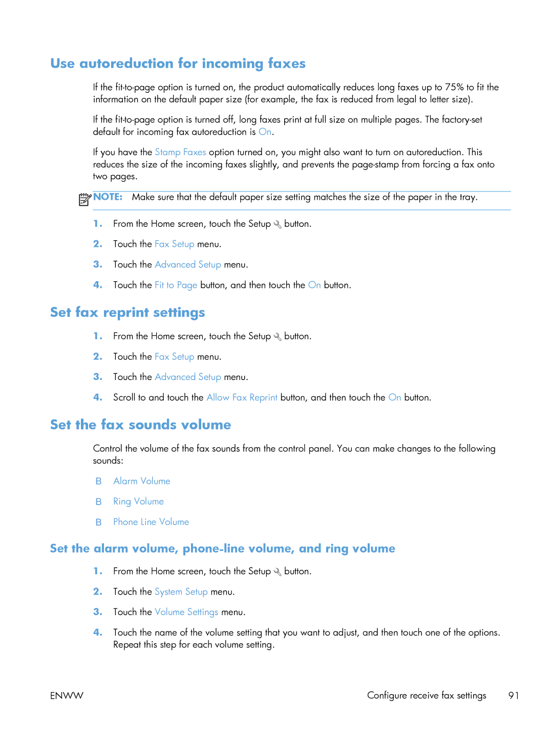 HP 200 color MFP M276nw manual Use autoreduction for incoming faxes, Set fax reprint settings, Set the fax sounds volume 