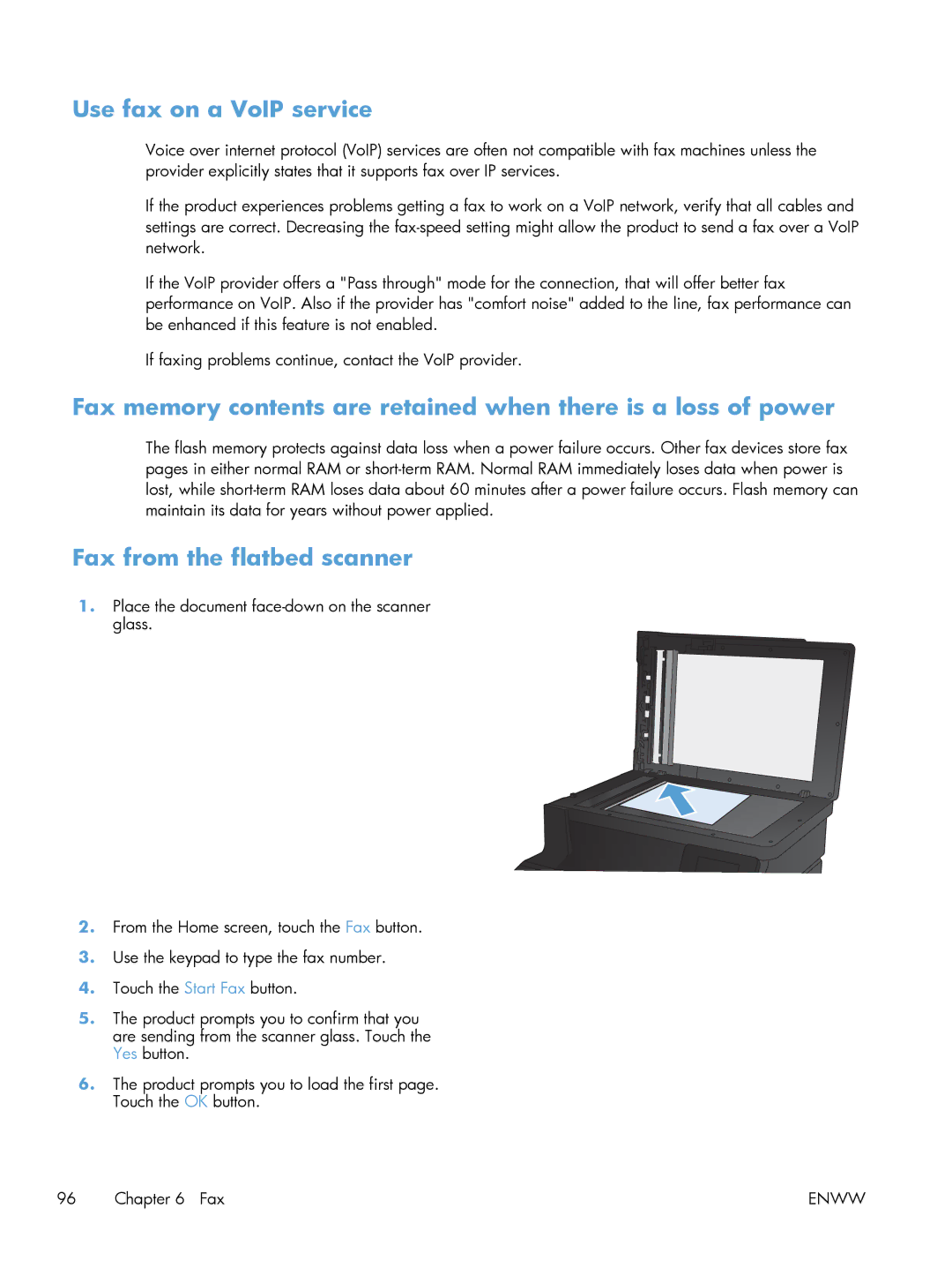 HP 200 color MFP M276nw manual Use fax on a VoIP service, Fax from the flatbed scanner 