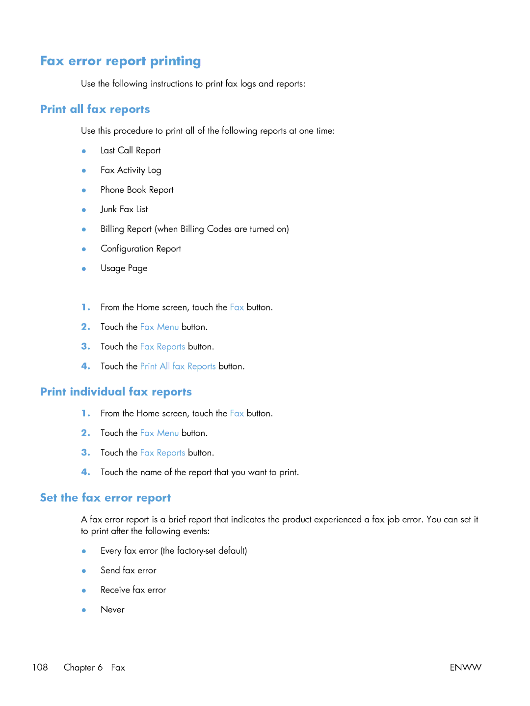 HP 200 color MFP M276nw manual Fax error report printing, Print all fax reports, Print individual fax reports 