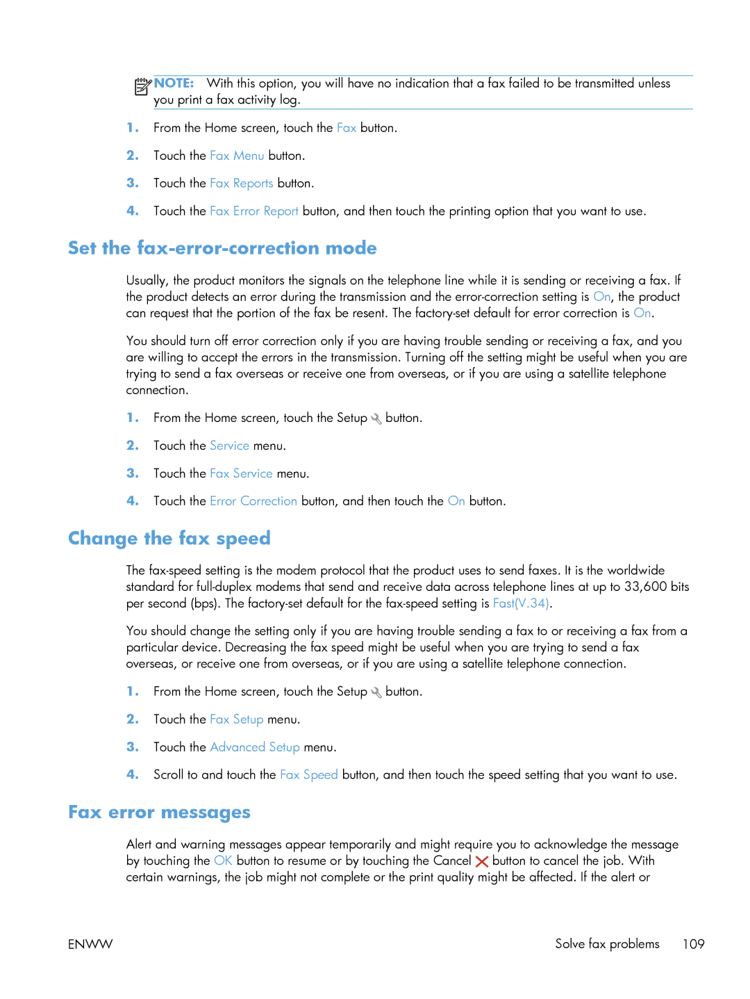 HP 200 color MFP M276nw manual Set the fax-error-correction mode, Change the fax speed, Fax error messages 