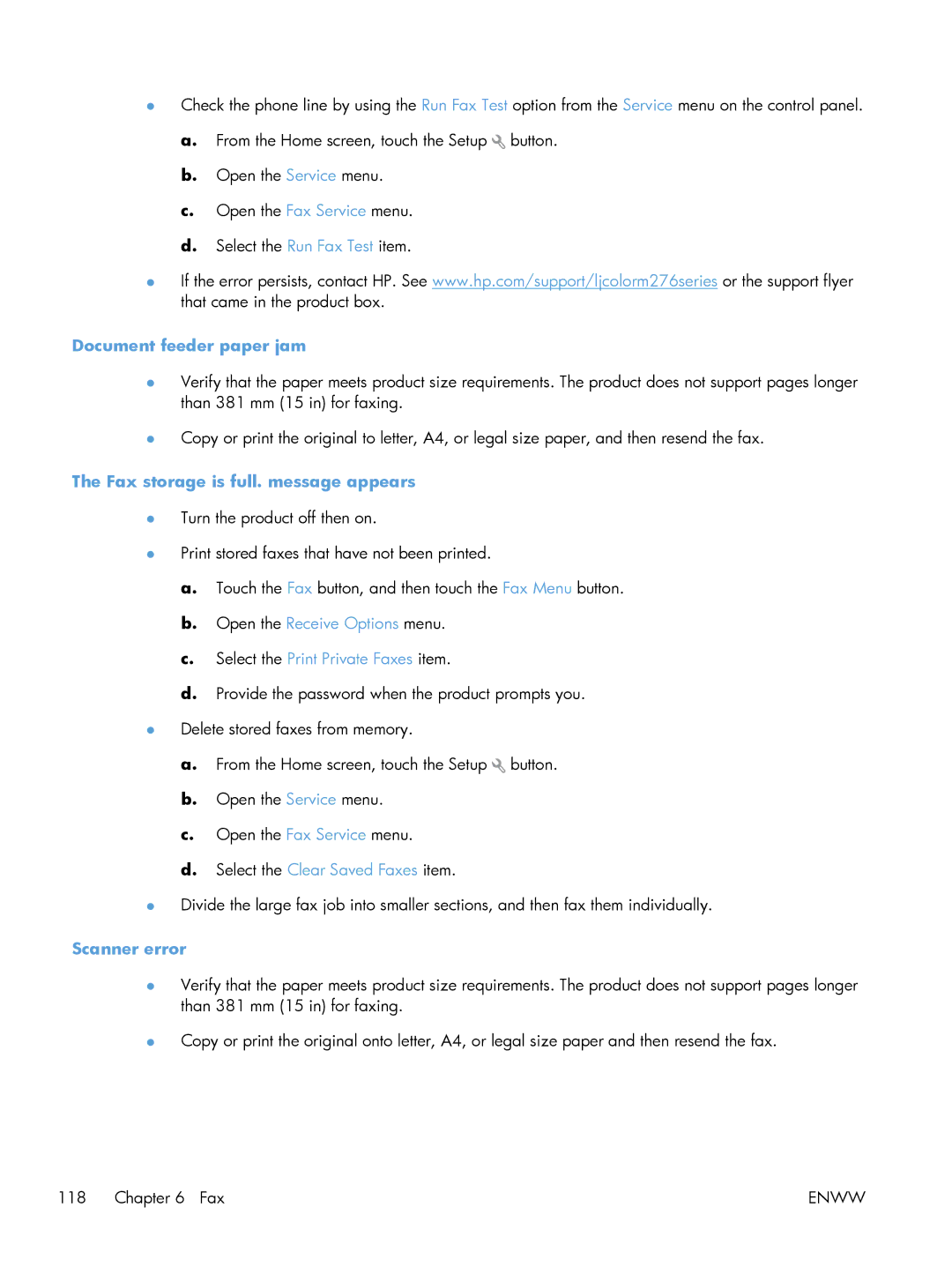 HP 200 color MFP M276nw manual Document feeder paper jam, Fax storage is full. message appears, Scanner error 