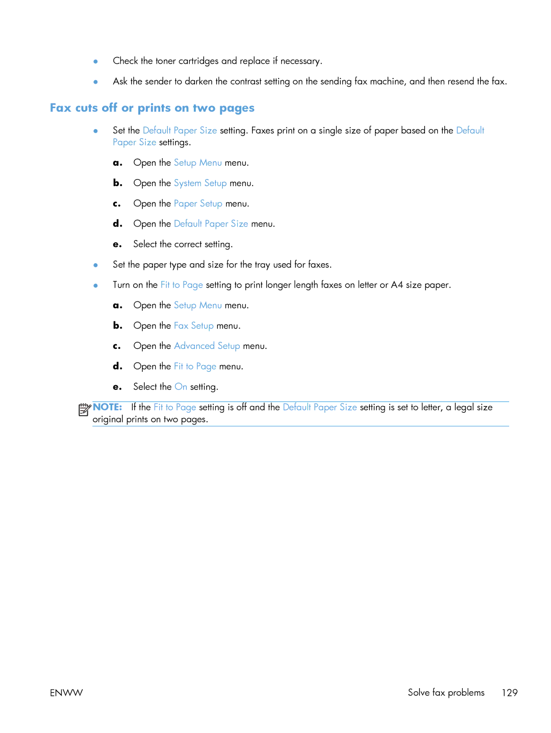 HP 200 color MFP M276nw manual Fax cuts off or prints on two pages, Open the Default Paper Size menu 