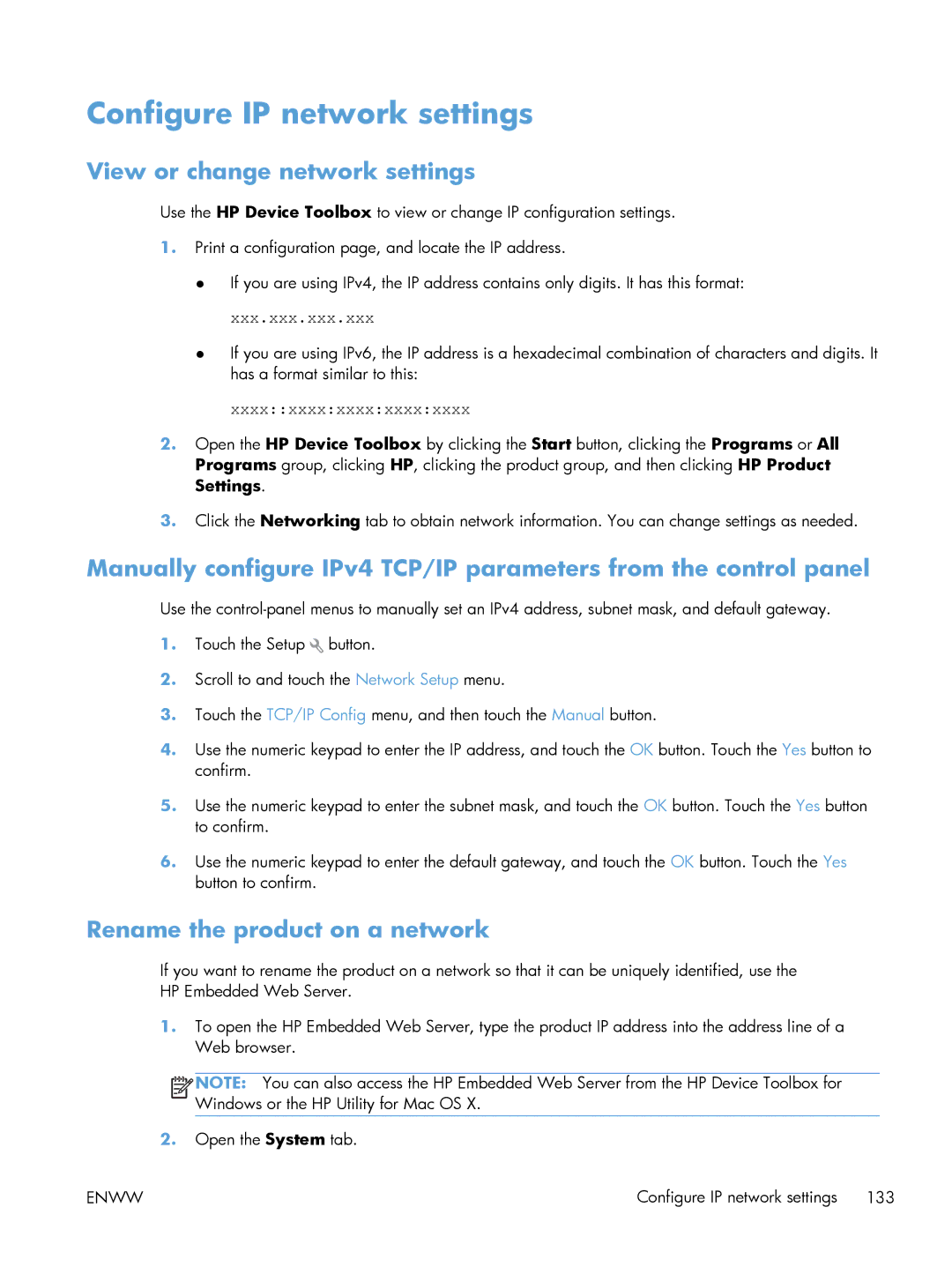 HP 200 color MFP M276nw Configure IP network settings, View or change network settings, Rename the product on a network 