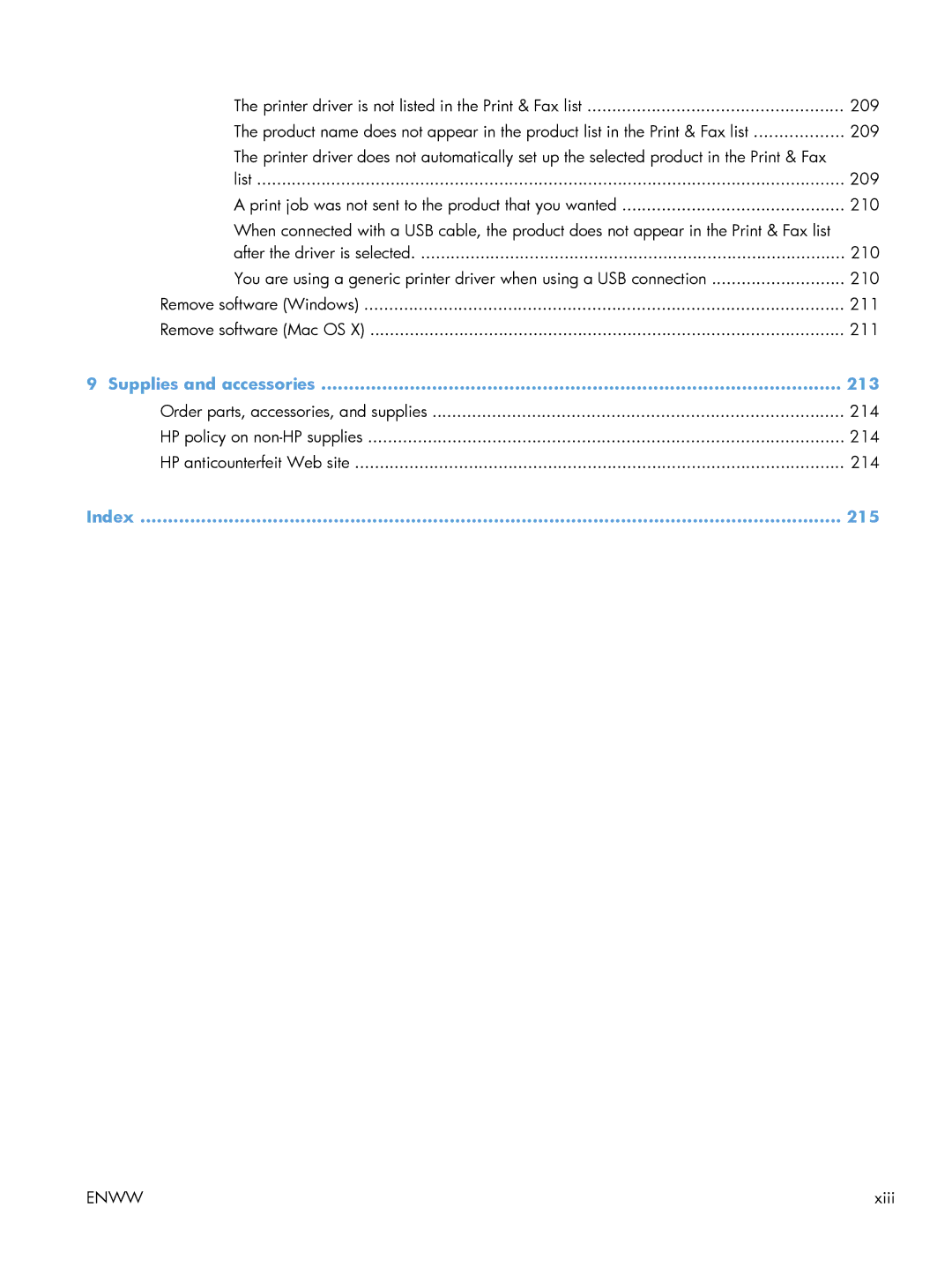 HP 200 color MFP M276nw manual Supplies and accessories 213, Index 215 