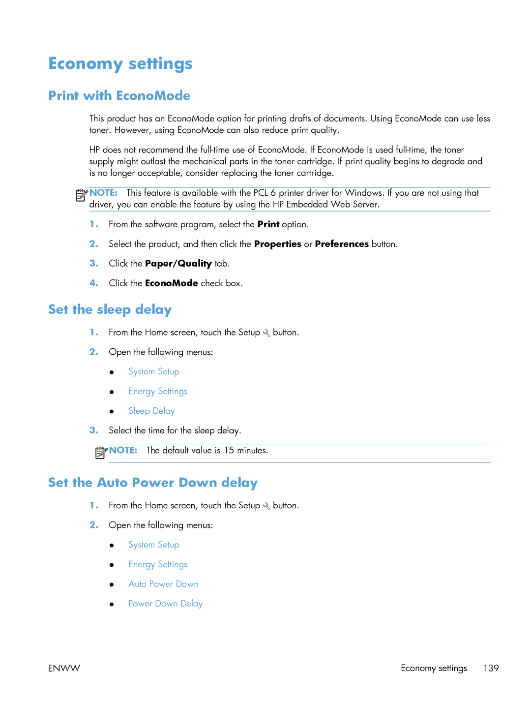 HP 200 color MFP M276nw manual Economy settings, Print with EconoMode, Set the sleep delay, Set the Auto Power Down delay 