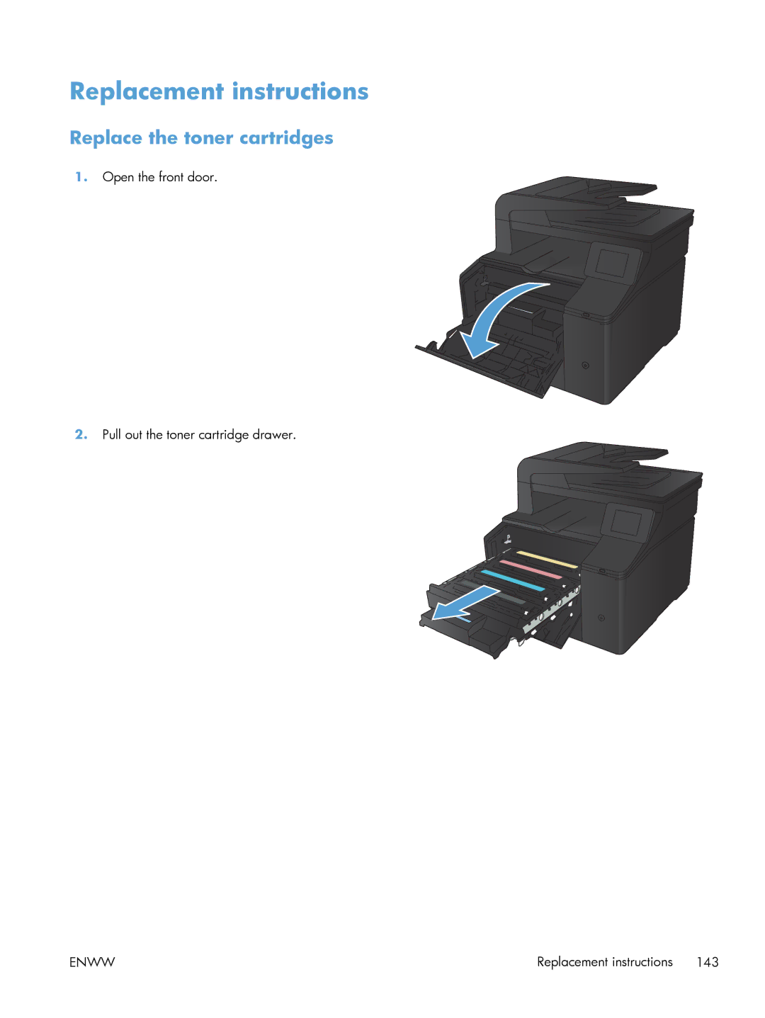 HP 200 color MFP M276nw manual Replacement instructions, Replace the toner cartridges 