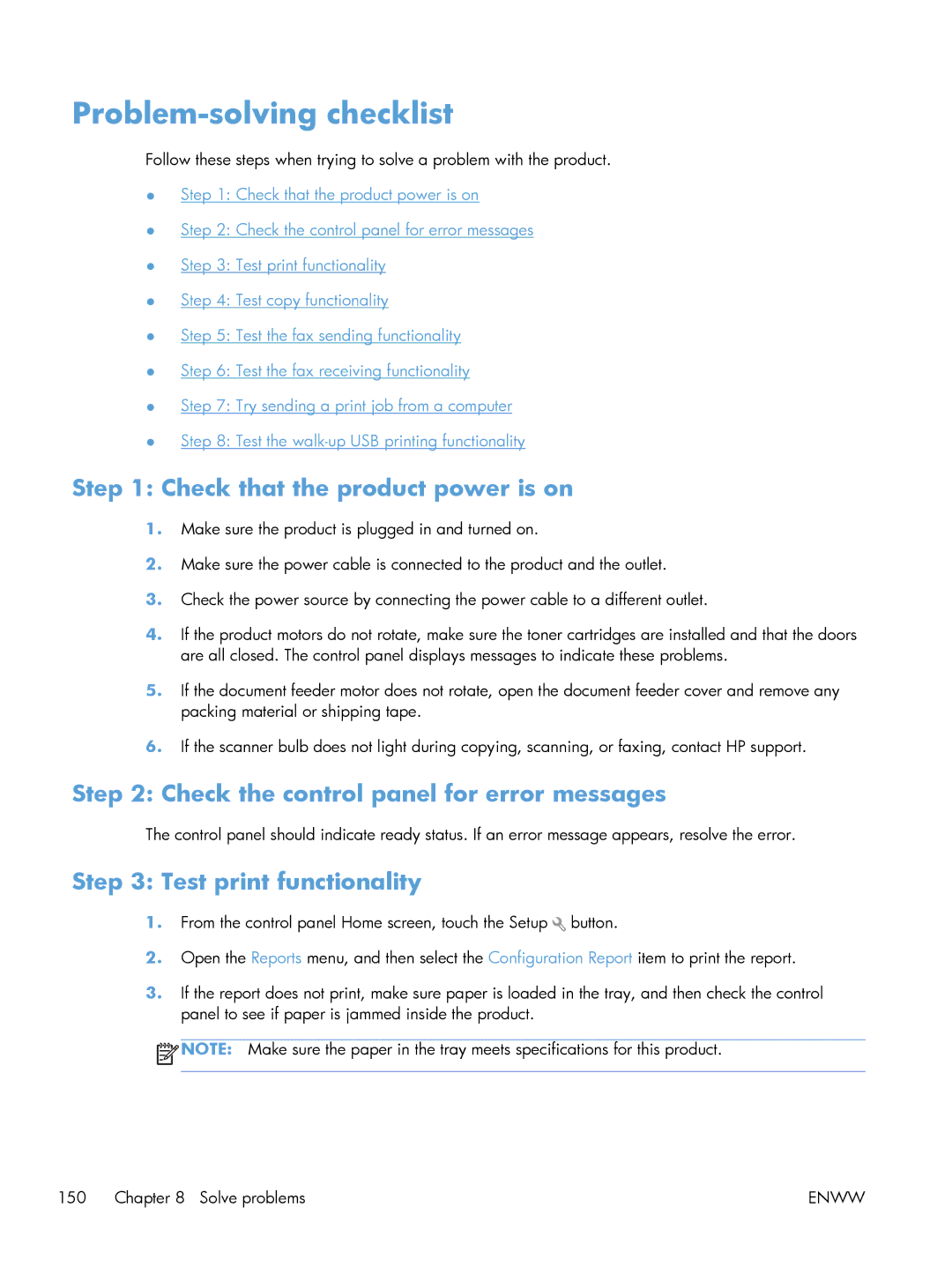 HP 200 color MFP M276nw manual Problem-solving checklist, Check that the product power is on, Test print functionality 