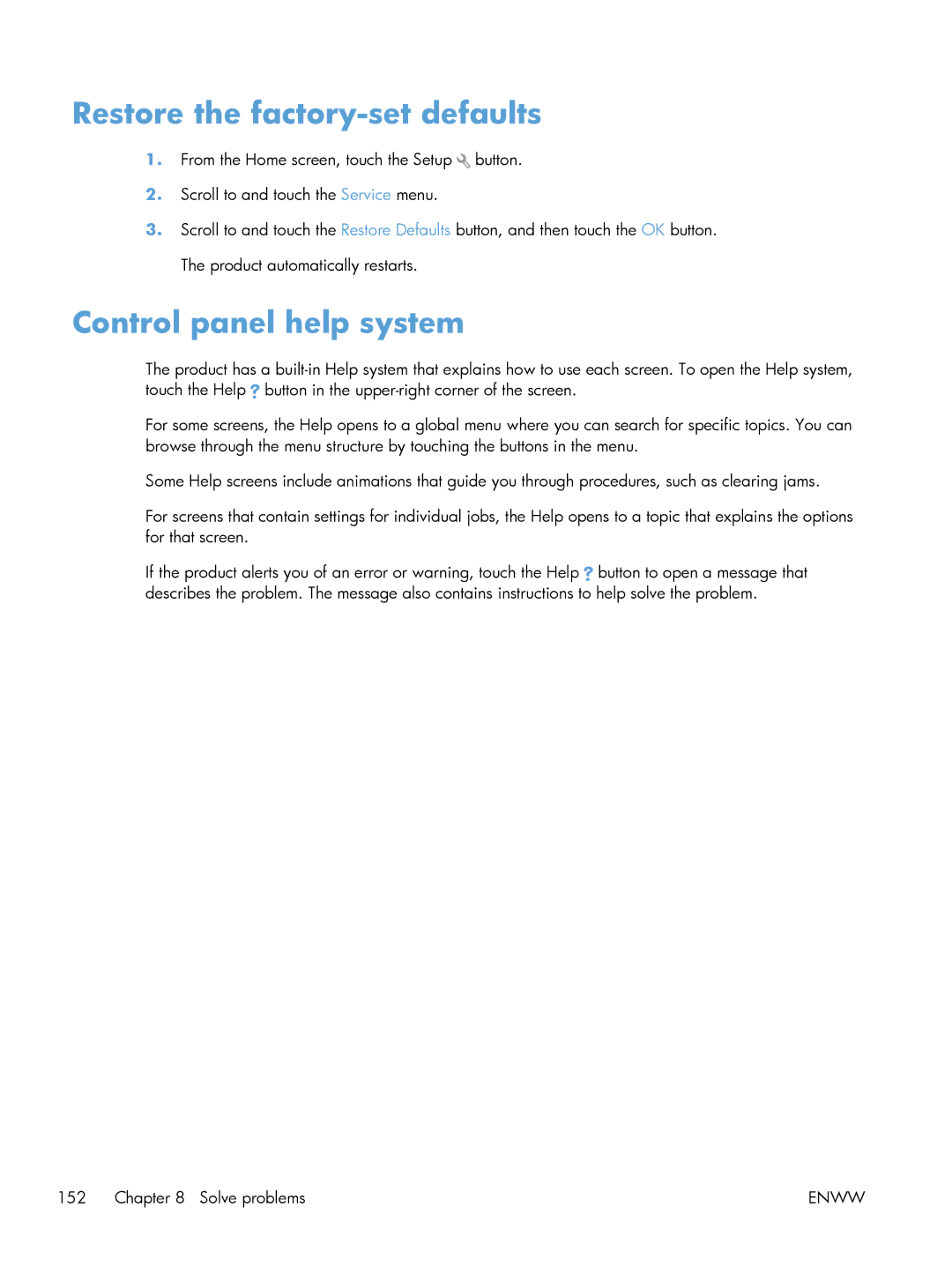 HP 200 color MFP M276nw manual Restore the factory-set defaults, Control panel help system 