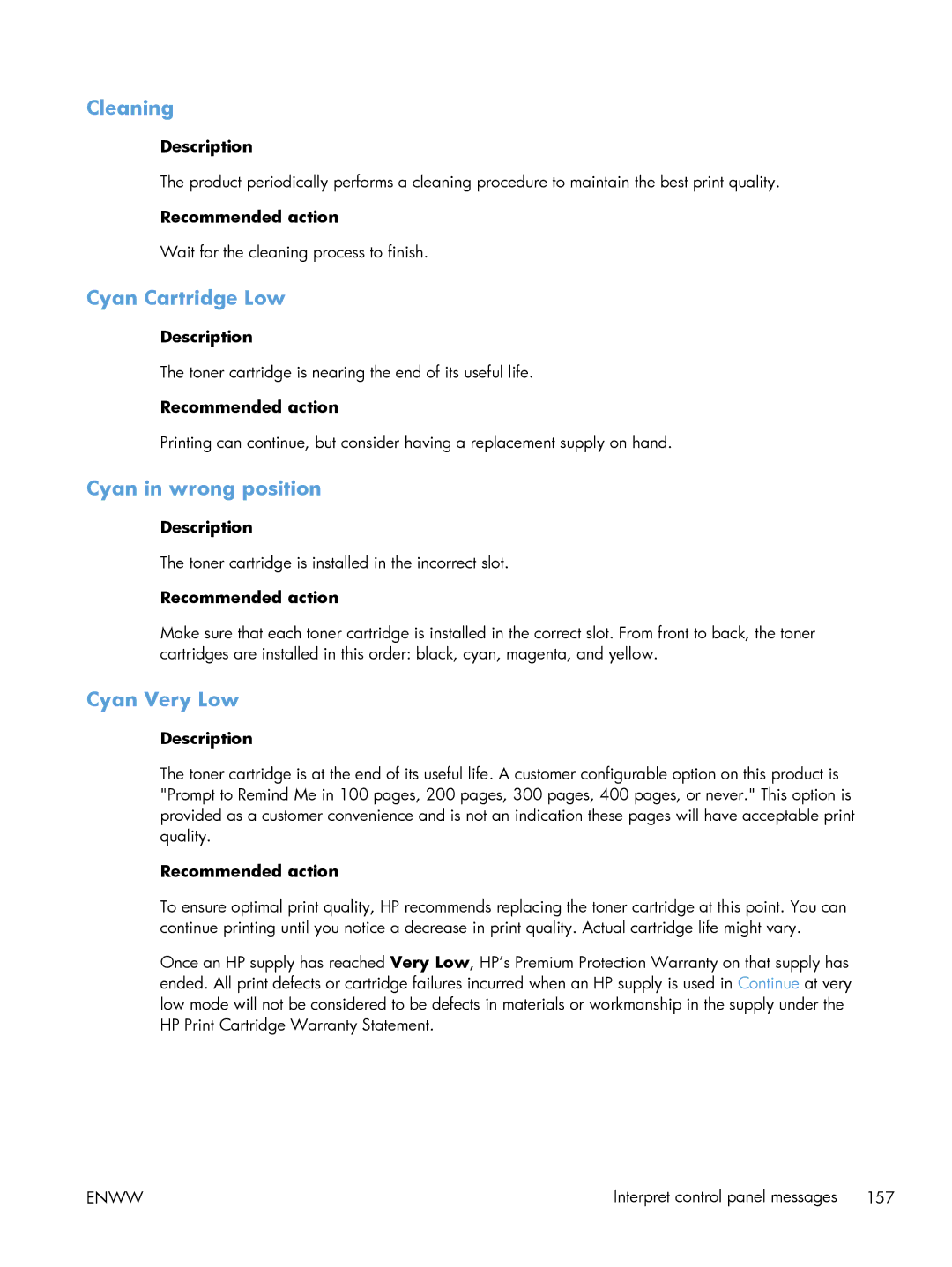 HP 200 color MFP M276nw manual Cleaning, Cyan Cartridge Low, Cyan in wrong position, Cyan Very Low 