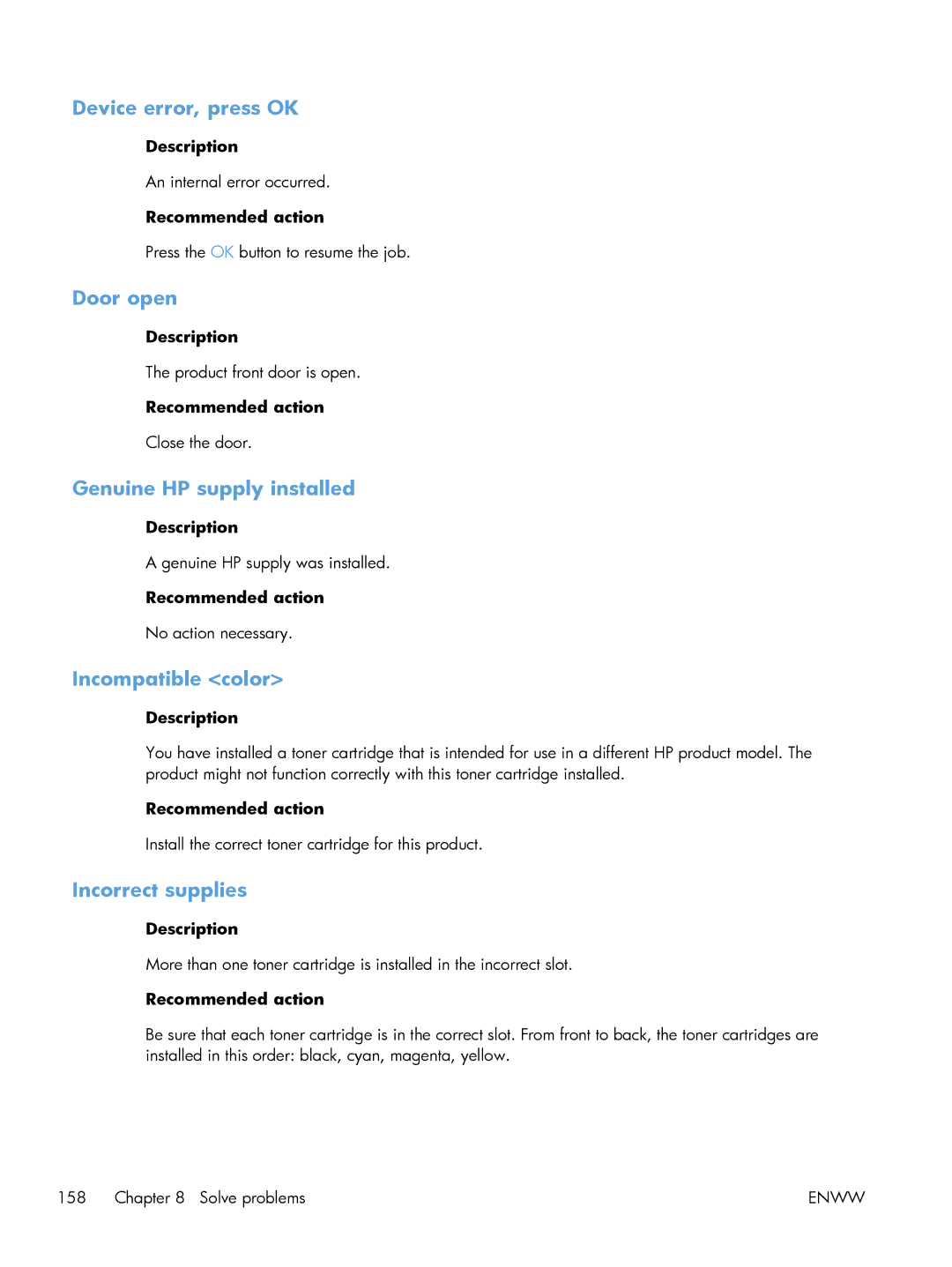HP 200 color MFP M276nw manual Device error, press OK, Door open, Genuine HP supply installed, Incompatible color 