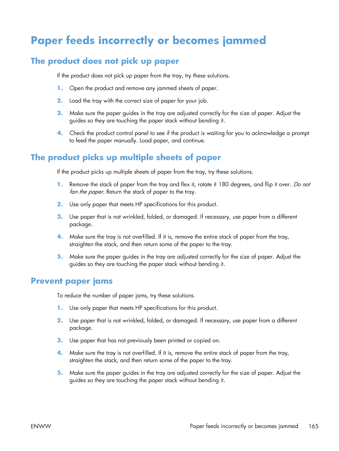 HP 200 color MFP M276nw Paper feeds incorrectly or becomes jammed, Product does not pick up paper, Prevent paper jams 