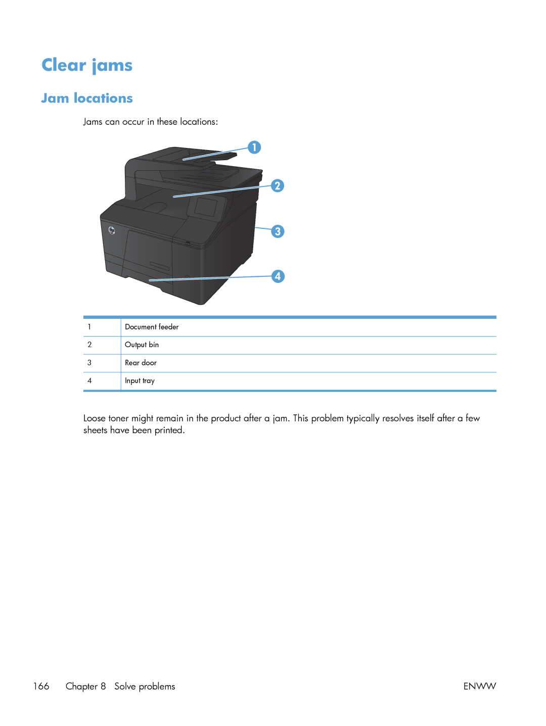 HP 200 color MFP M276nw manual Clear jams, Jam locations 