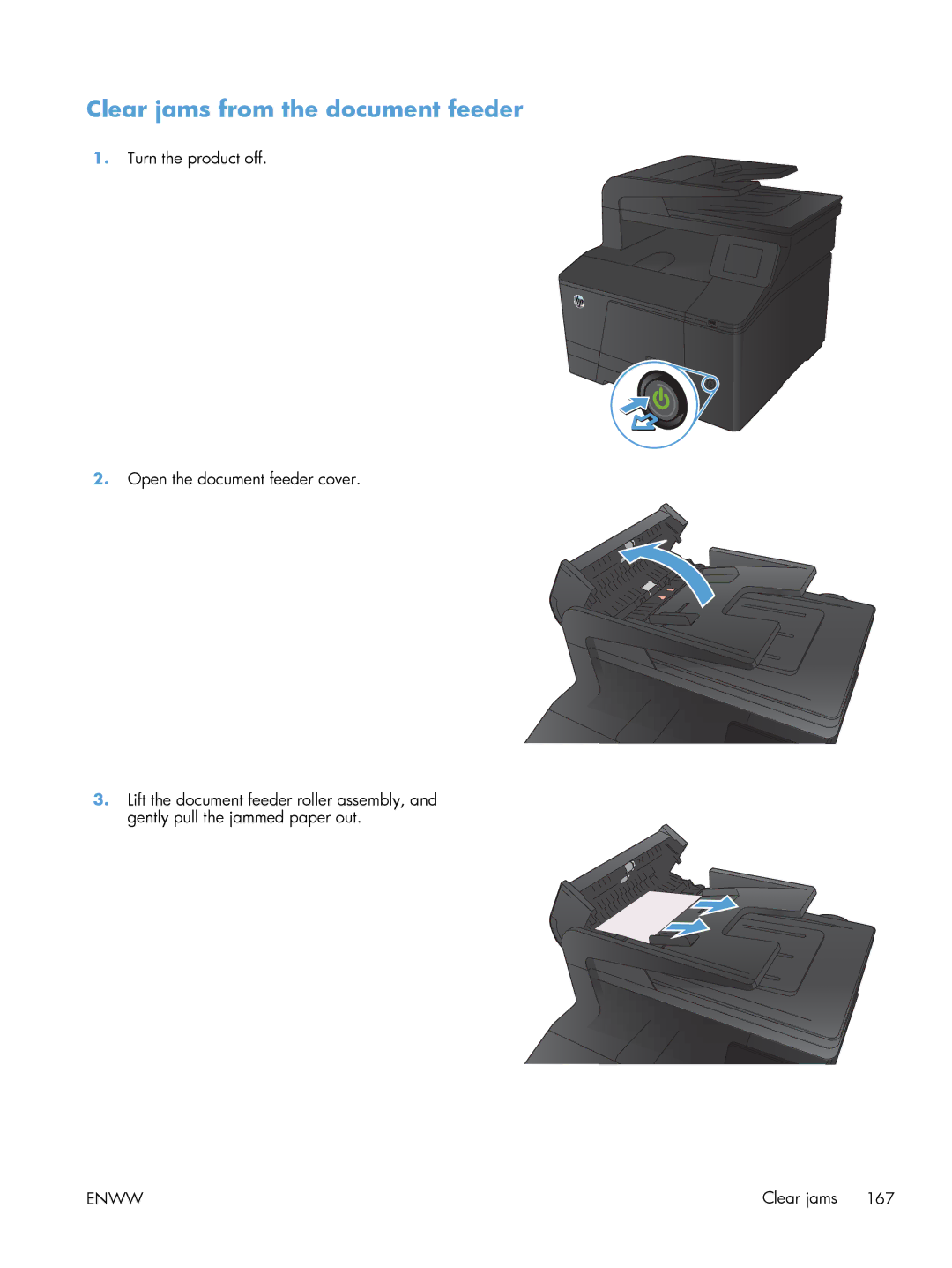 HP 200 color MFP M276nw manual Clear jams from the document feeder 