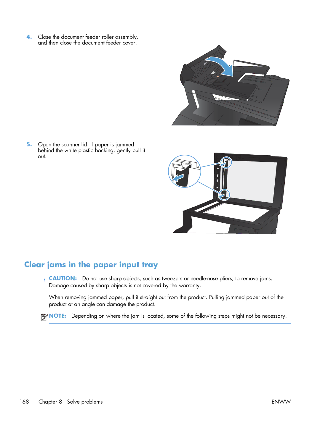 HP 200 color MFP M276nw manual Clear jams in the paper input tray 