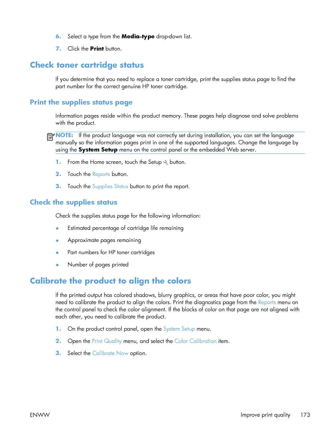 HP 200 color MFP M276nw Check toner cartridge status, Calibrate the product to align the colors, Print the supplies status 
