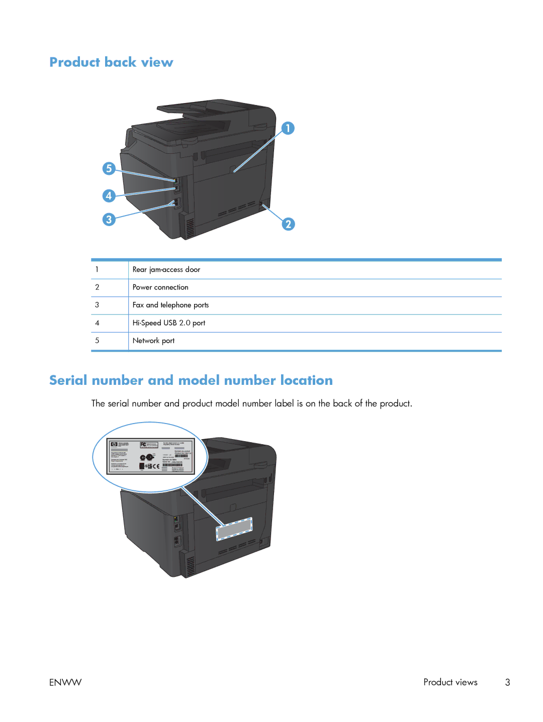 HP 200 color MFP M276nw manual Product back view, Serial number and model number location 