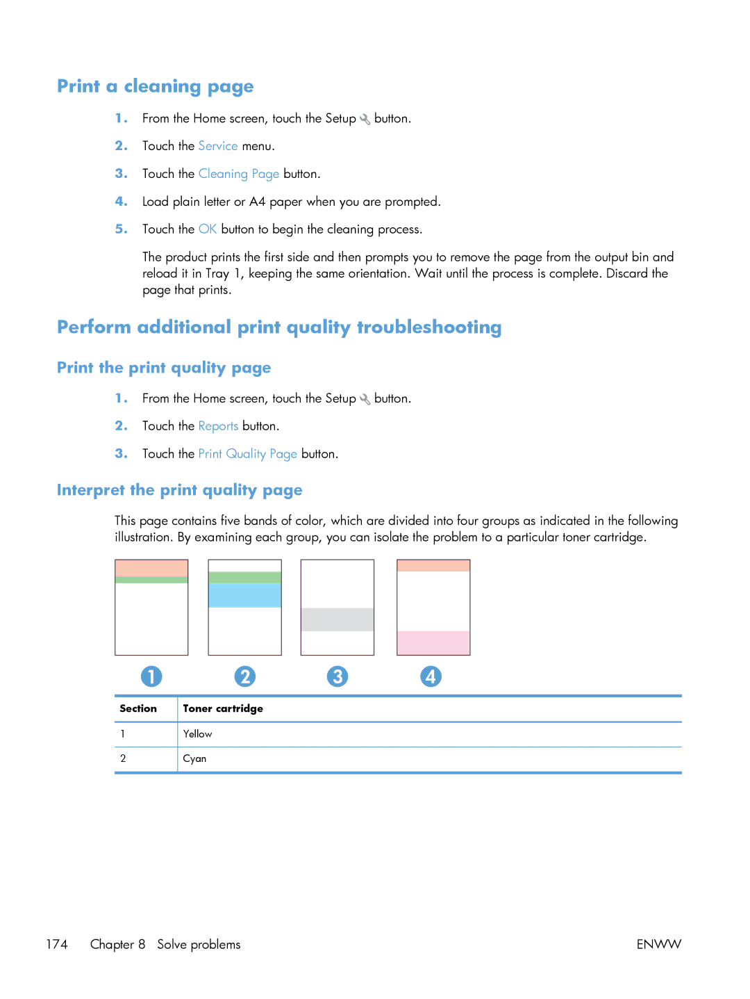 HP 200 color MFP M276nw manual Print a cleaning, Perform additional print quality troubleshooting, Print the print quality 