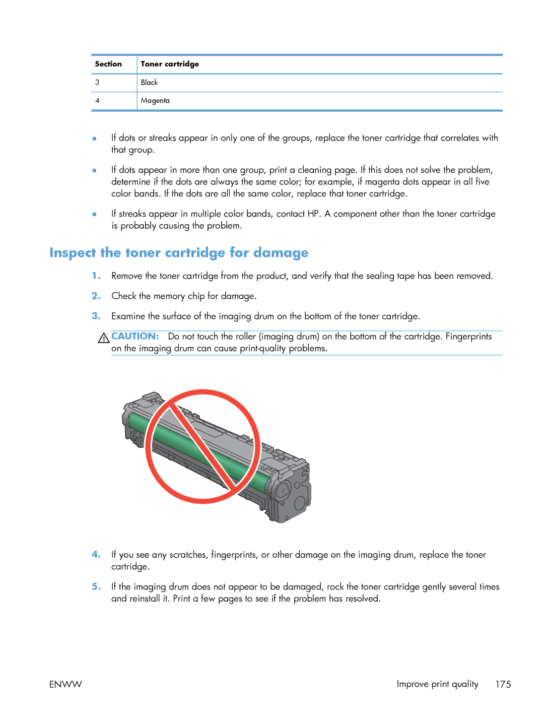 HP 200 color MFP M276nw manual Inspect the toner cartridge for damage 