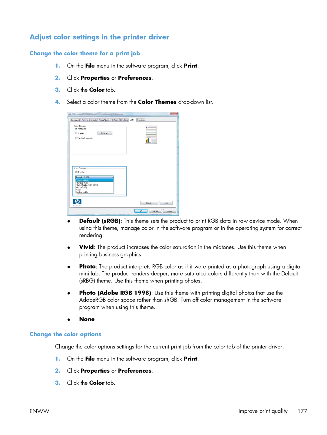 HP 200 color MFP M276nw manual Adjust color settings in the printer driver, Change the color theme for a print job 