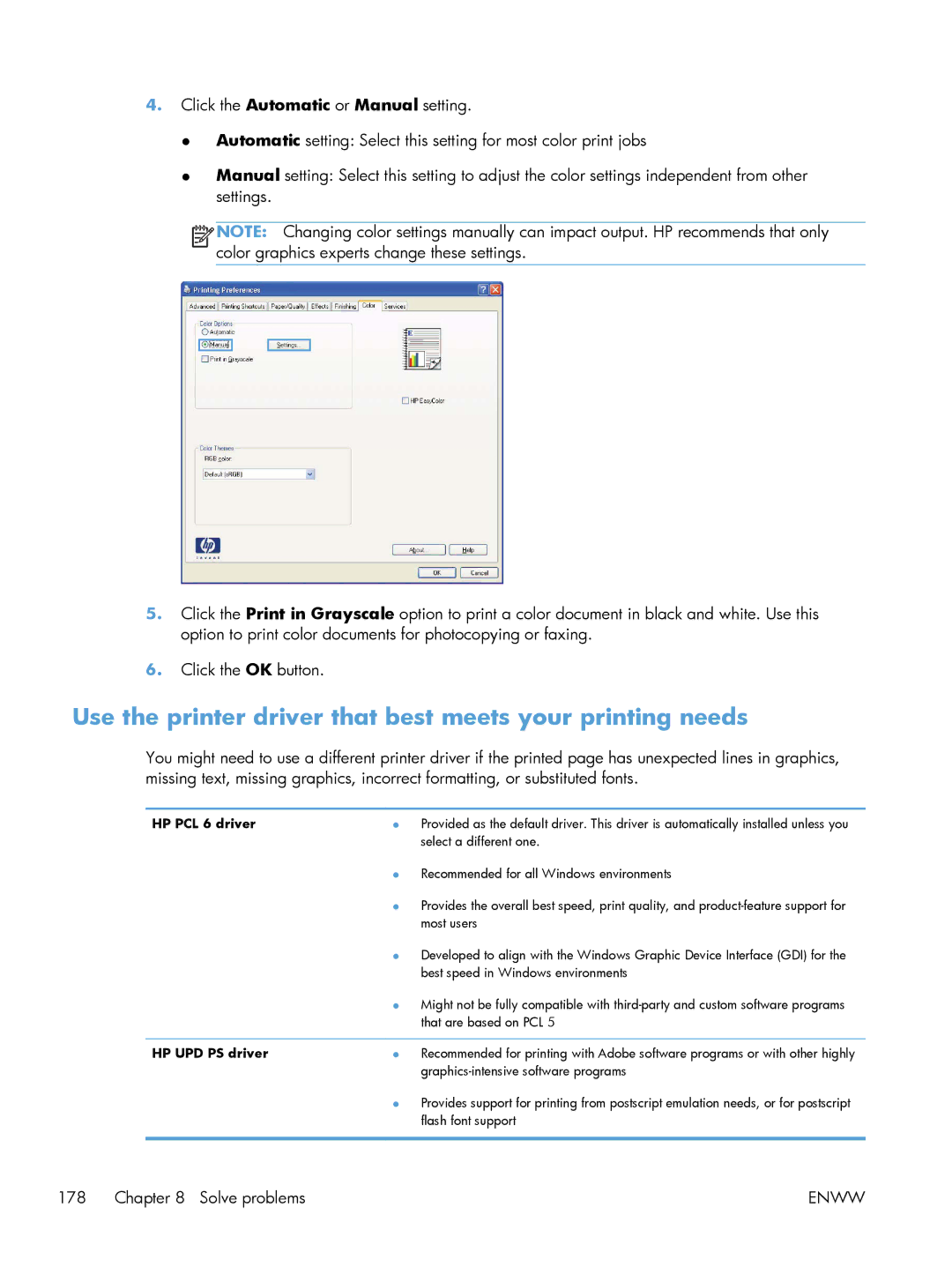 HP 200 color MFP M276nw Use the printer driver that best meets your printing needs, HP PCL 6 driver, HP UPD PS driver 