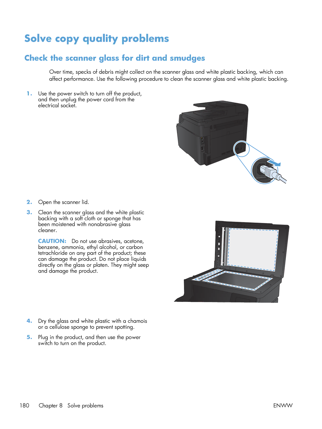 HP 200 color MFP M276nw manual Solve copy quality problems, Check the scanner glass for dirt and smudges 