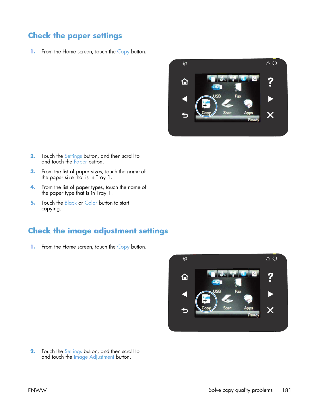 HP 200 color MFP M276nw manual Check the paper settings, Check the image adjustment settings 