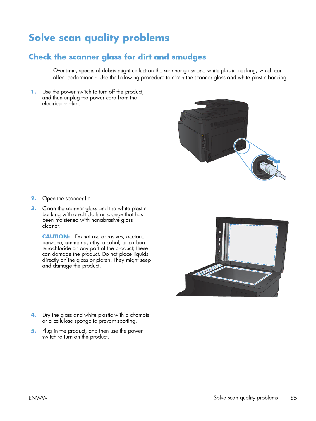 HP 200 color MFP M276nw manual Solve scan quality problems, Check the scanner glass for dirt and smudges 