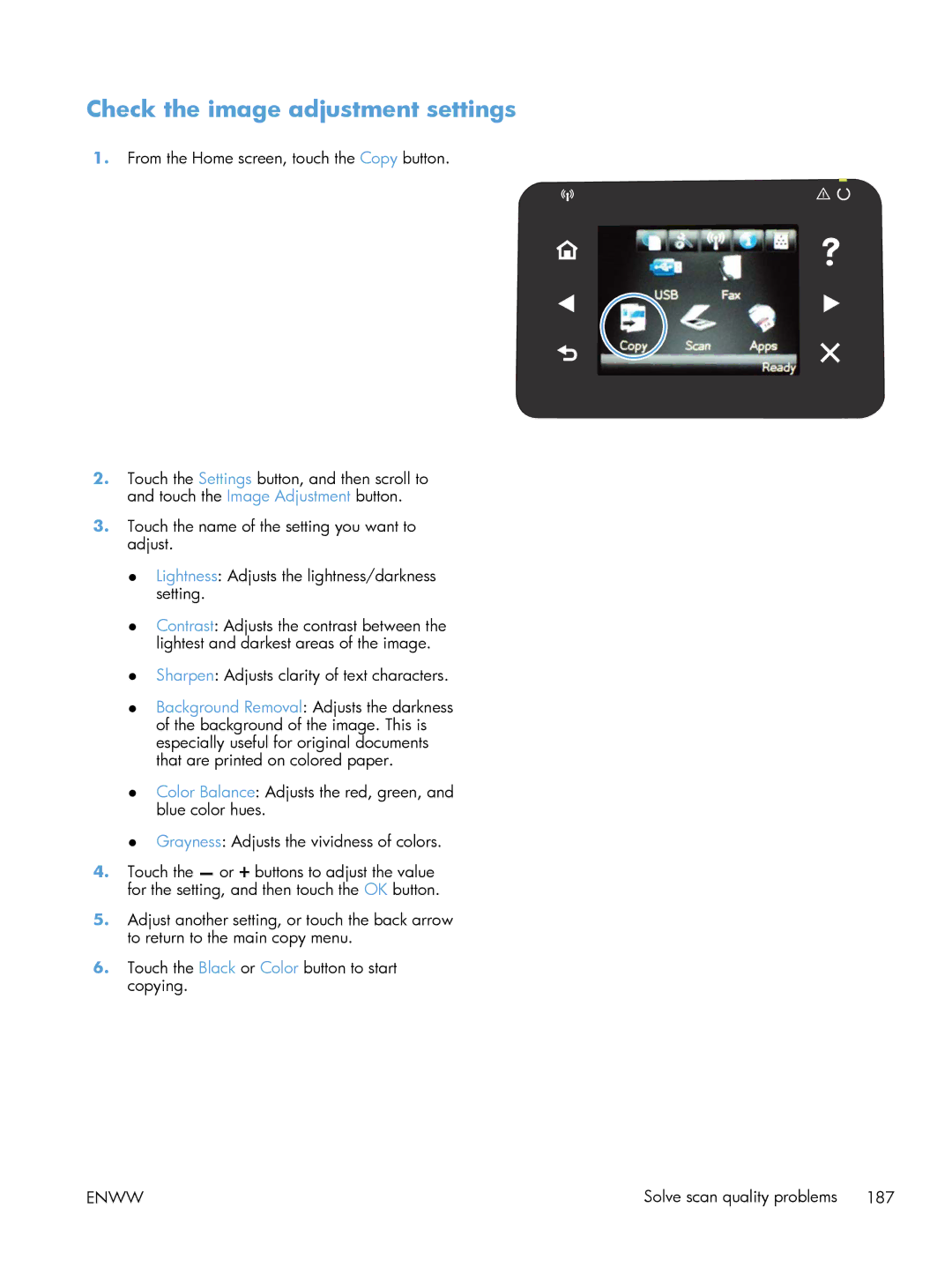 HP 200 color MFP M276nw manual Check the image adjustment settings 