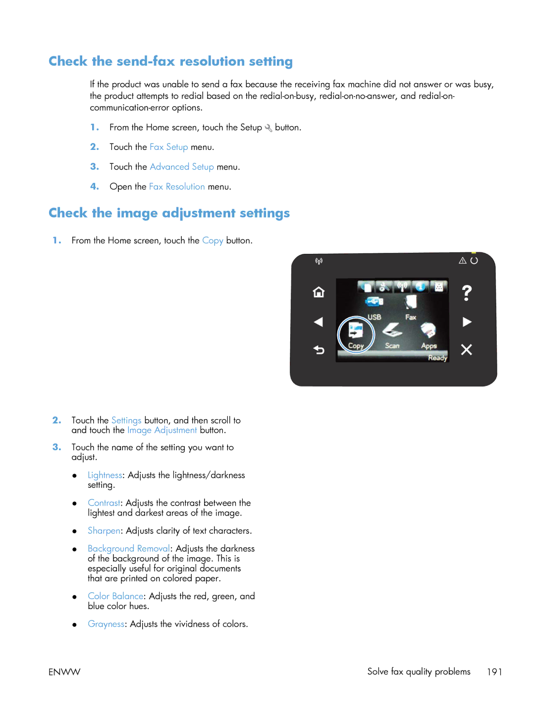 HP 200 color MFP M276nw manual Check the send-fax resolution setting, Check the image adjustment settings 