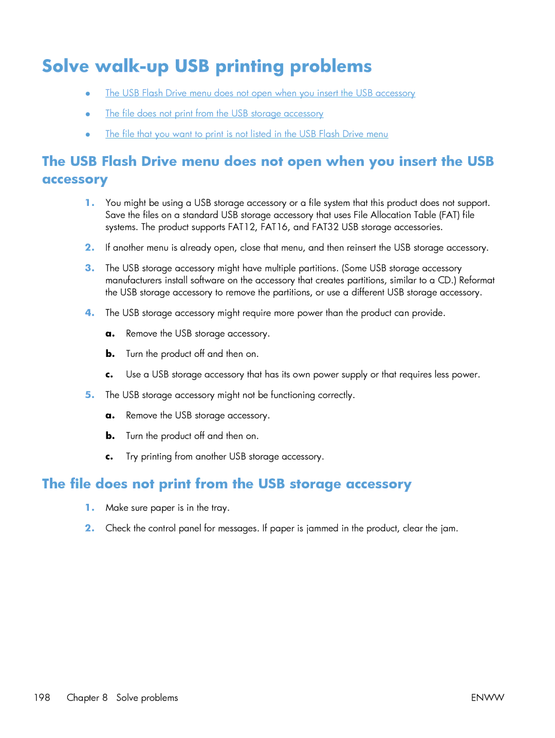 HP 200 color MFP M276nw manual Solve walk-up USB printing problems, File does not print from the USB storage accessory 