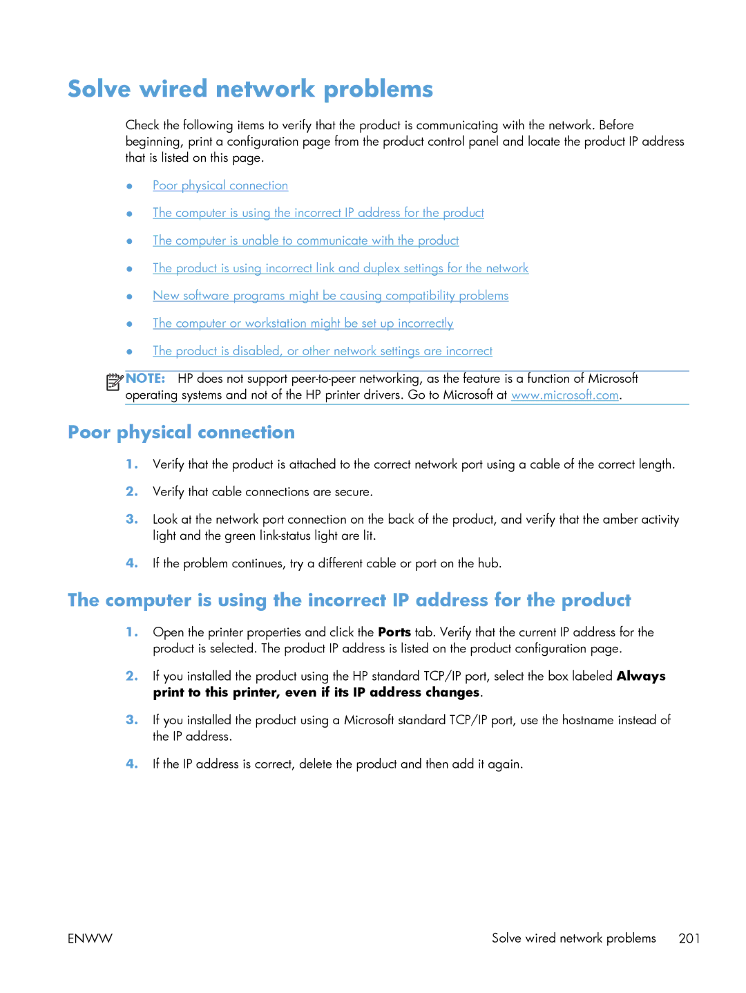 HP 200 color MFP M276nw manual Solve wired network problems, Poor physical connection 