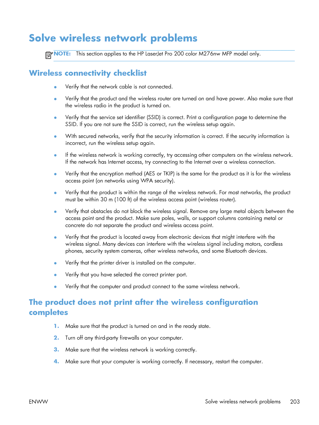 HP 200 color MFP M276nw manual Solve wireless network problems, Wireless connectivity checklist 