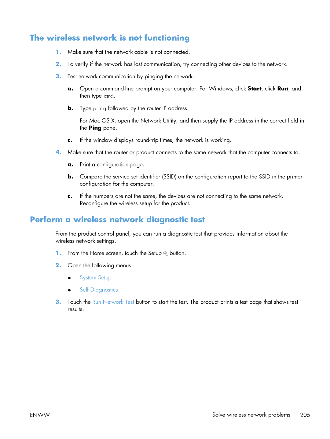 HP 200 color MFP M276nw manual Wireless network is not functioning, Perform a wireless network diagnostic test 