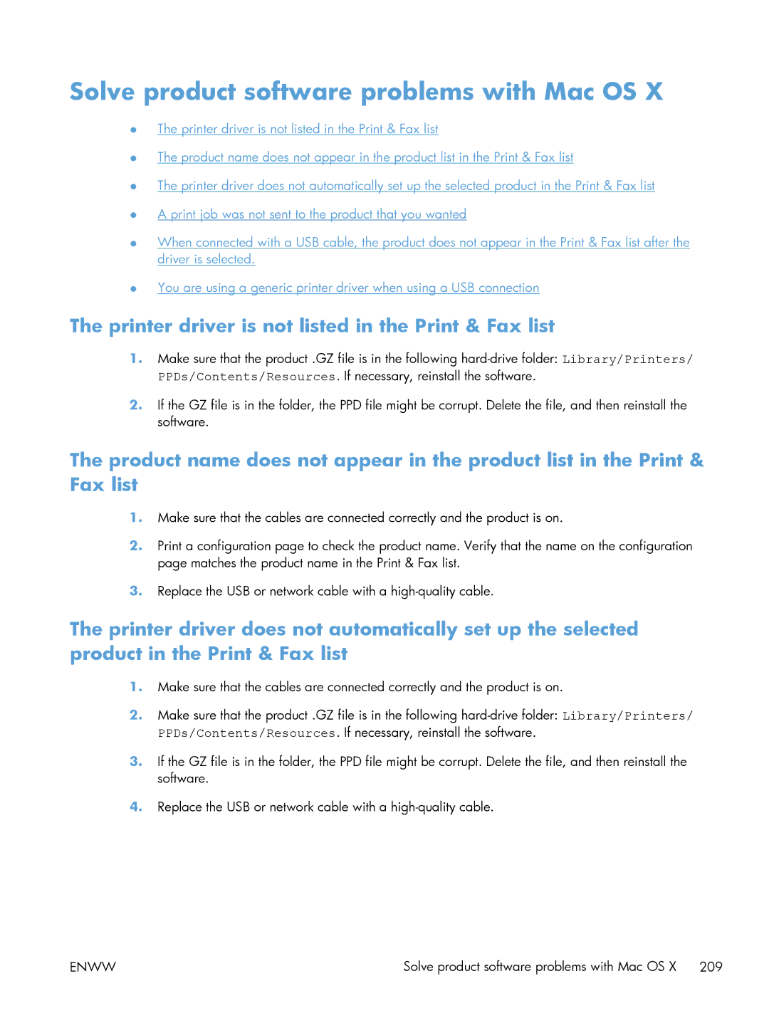 HP 200 color MFP M276nw Solve product software problems with Mac OS, Printer driver is not listed in the Print & Fax list 