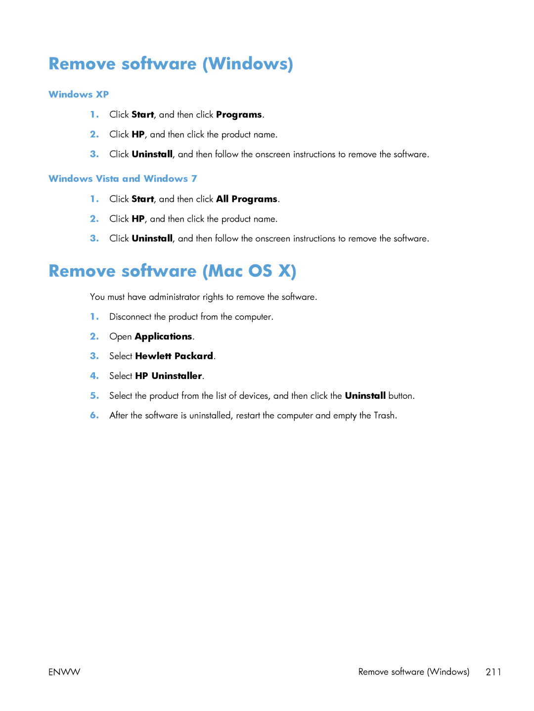 HP 200 color MFP M276nw manual Remove software Windows, Remove software Mac OS, Windows XP, Windows Vista and Windows 