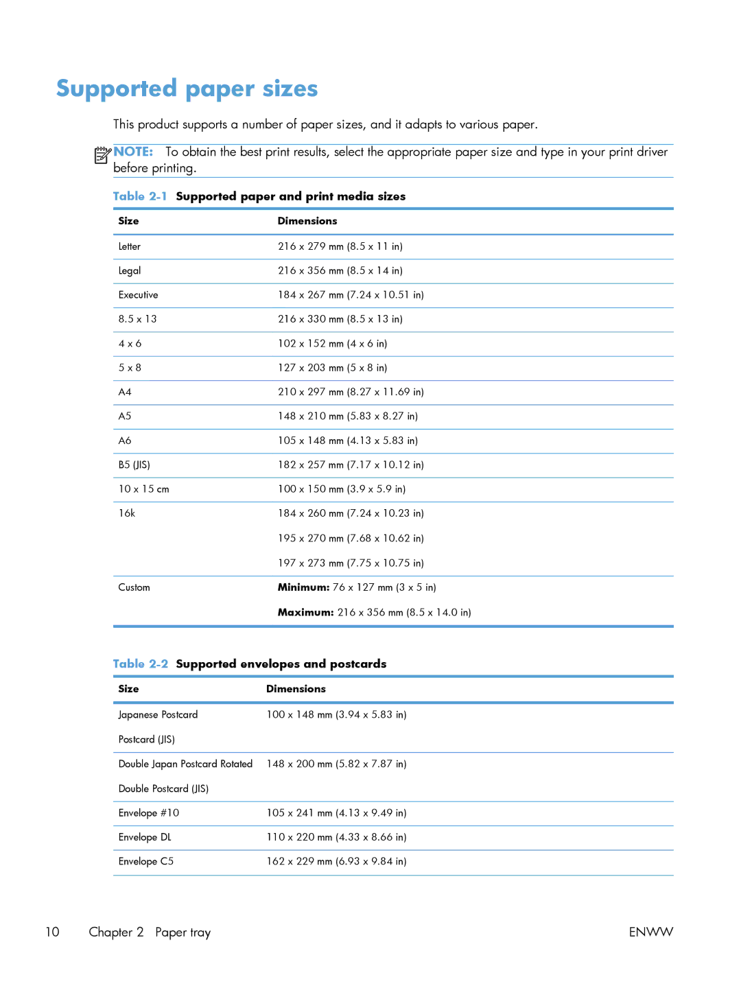 HP 200 color MFP M276nw manual Supported paper sizes, Size Dimensions 