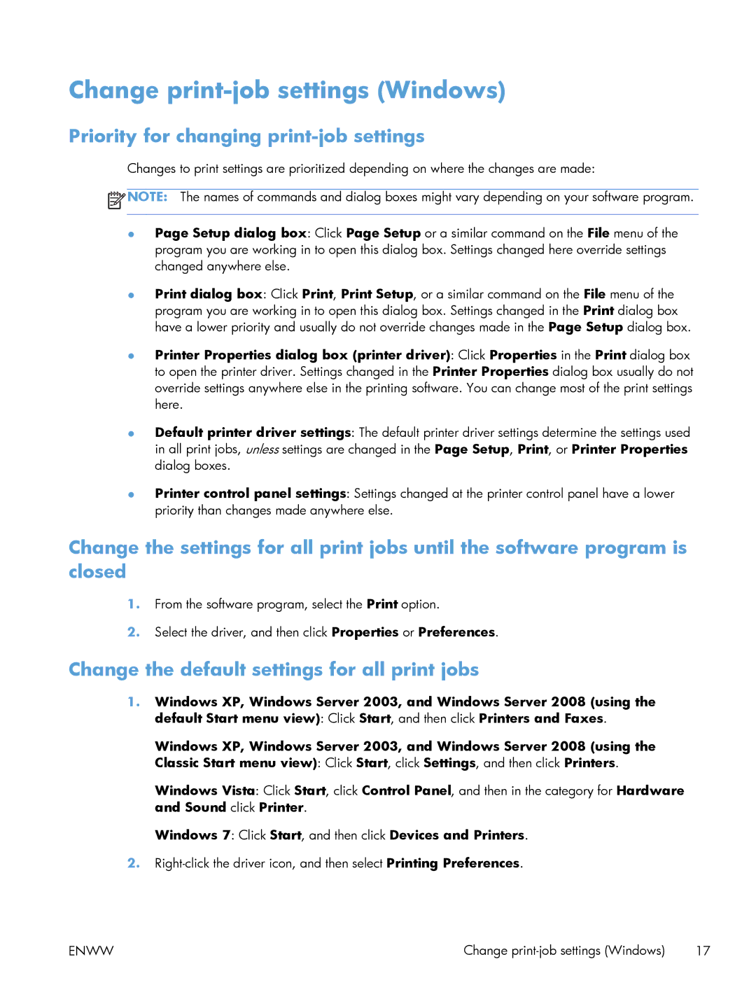 HP 200 color MFP M276nw manual Change print-job settings Windows, Priority for changing print-job settings 