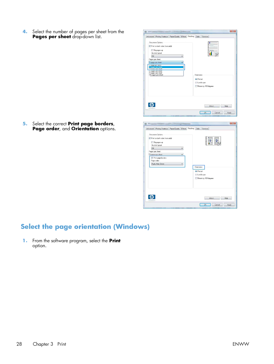 HP 200 color MFP M276nw manual Select the page orientation Windows 