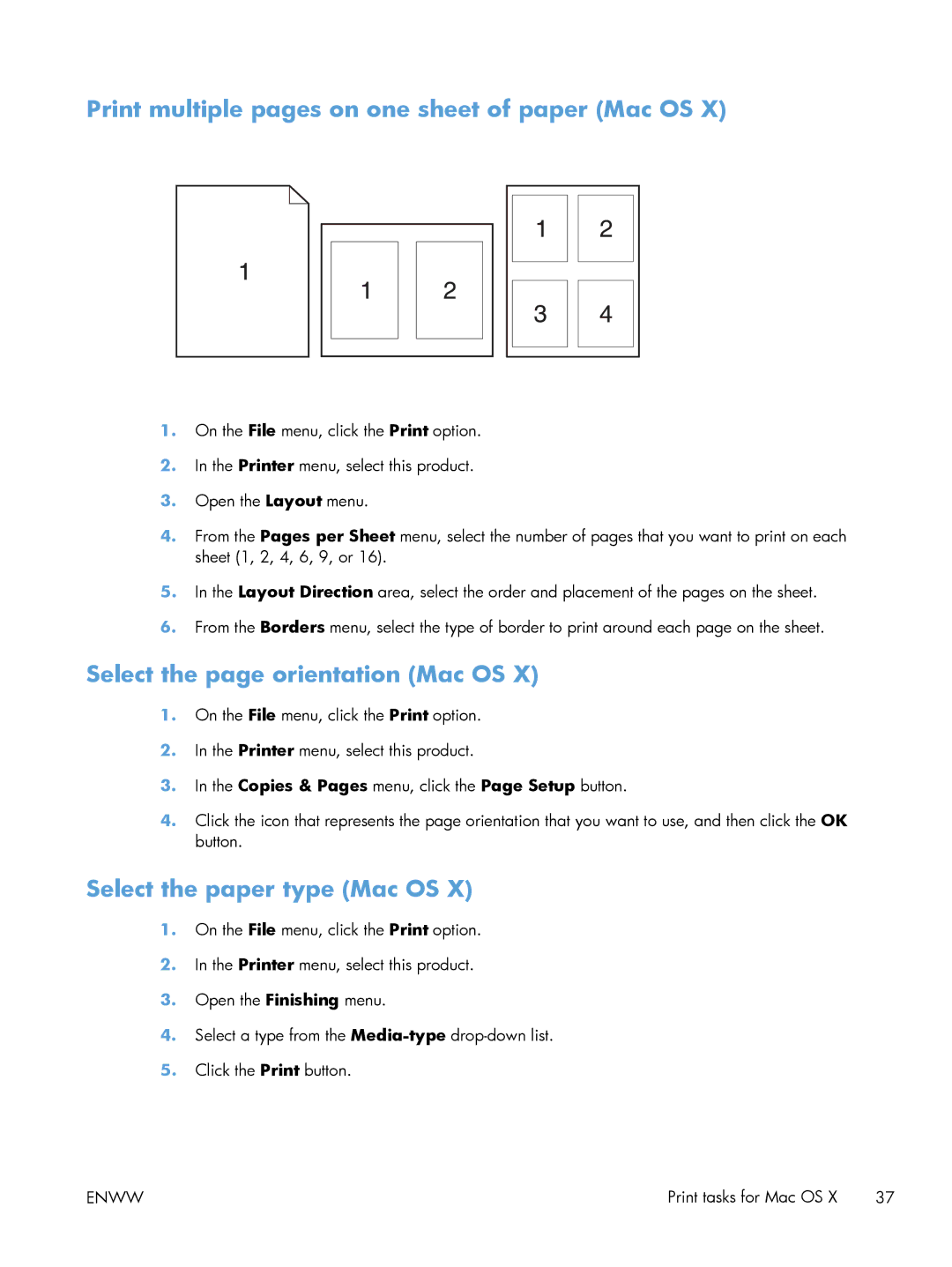 HP 200 color MFP M276nw manual Print multiple pages on one sheet of paper Mac OS, Select the page orientation Mac OS 