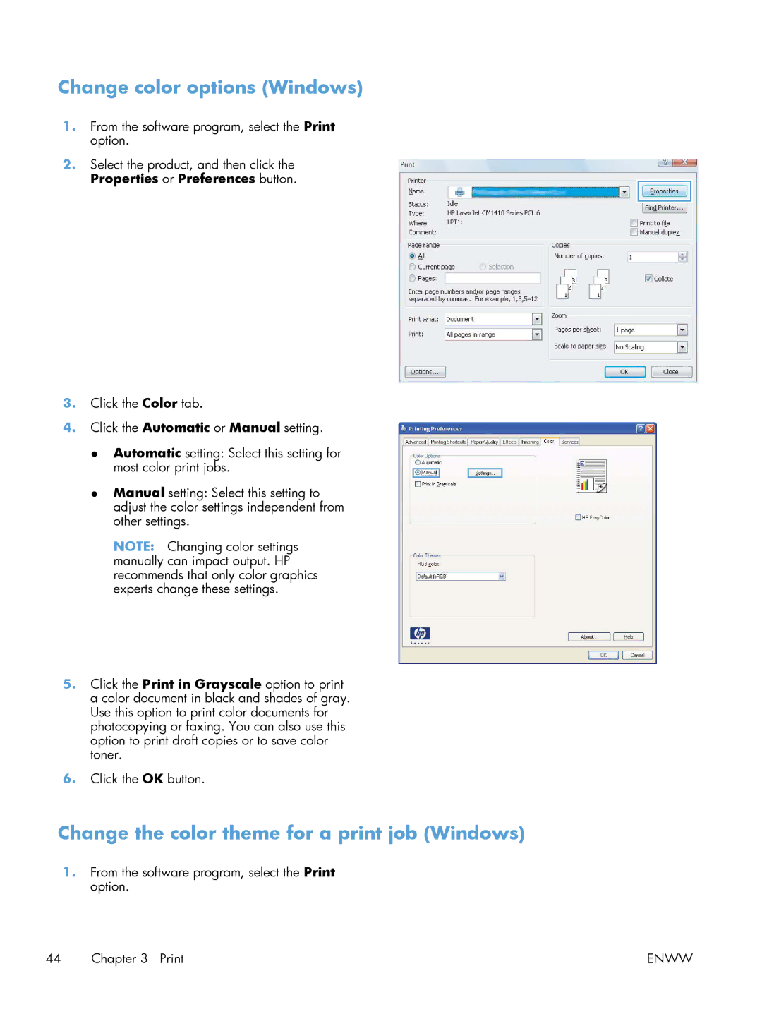 HP 200 color MFP M276nw manual Change color options Windows, Change the color theme for a print job Windows 