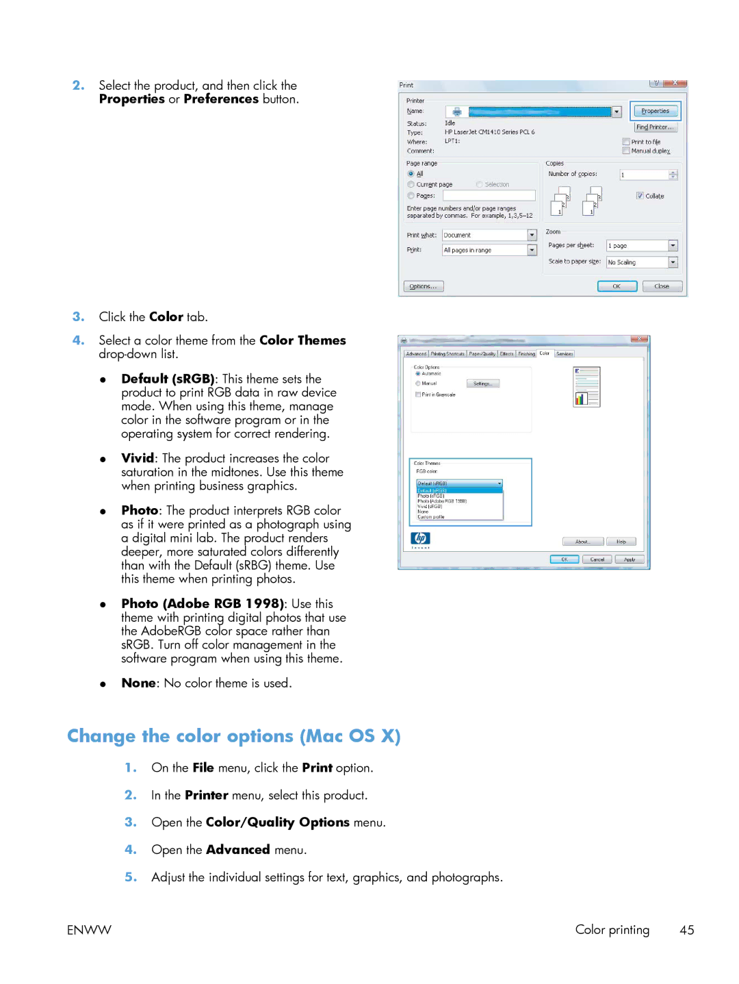 HP 200 color MFP M276nw manual Change the color options Mac OS, Open the Color/Quality Options menu 