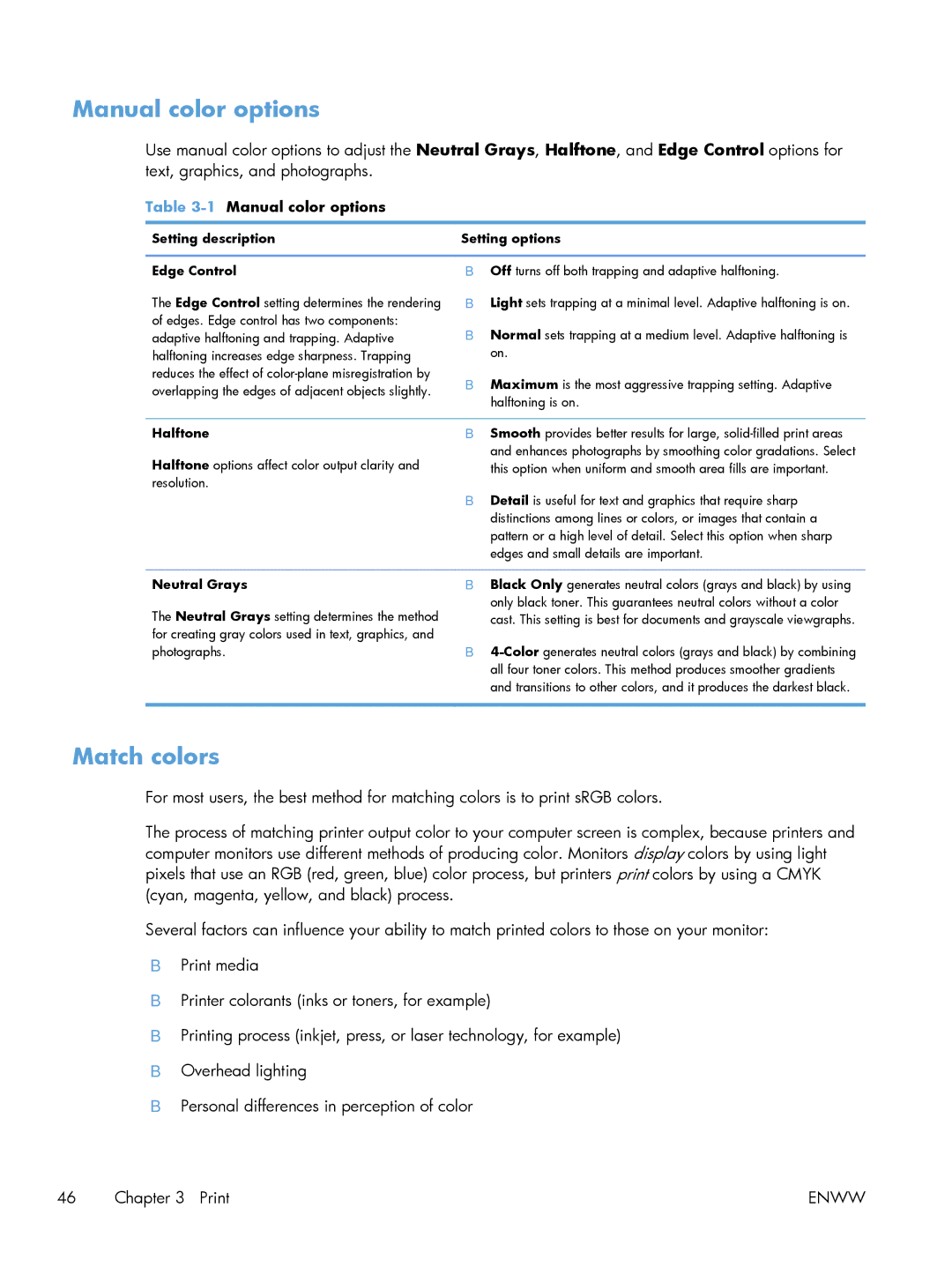 HP 200 color MFP M276nw Manual color options, Match colors, Setting description Setting options Edge Control, Halftone 