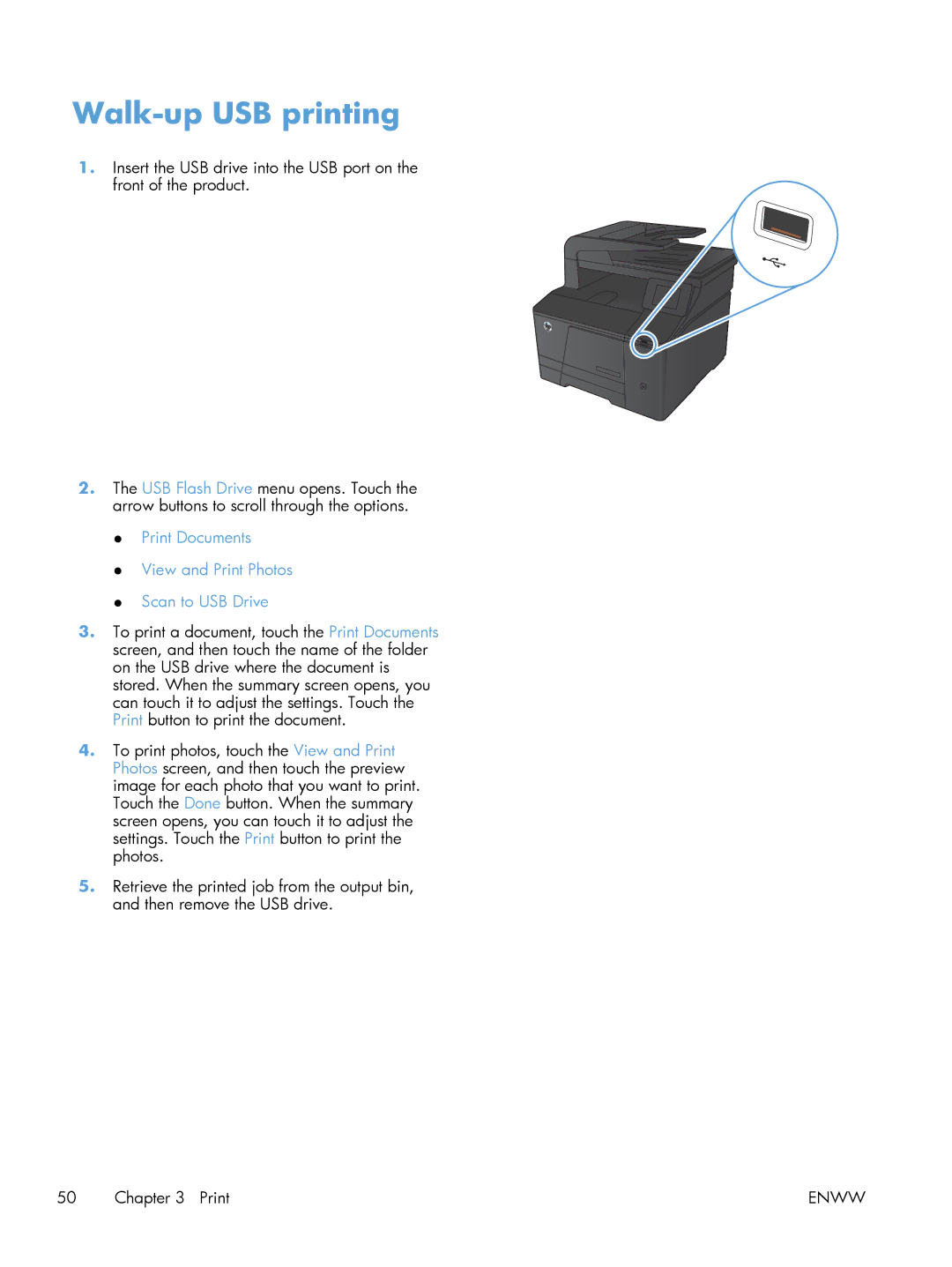 HP 200 color MFP M276nw manual Walk-up USB printing, Print Documents View and Print Photos Scan to USB Drive 