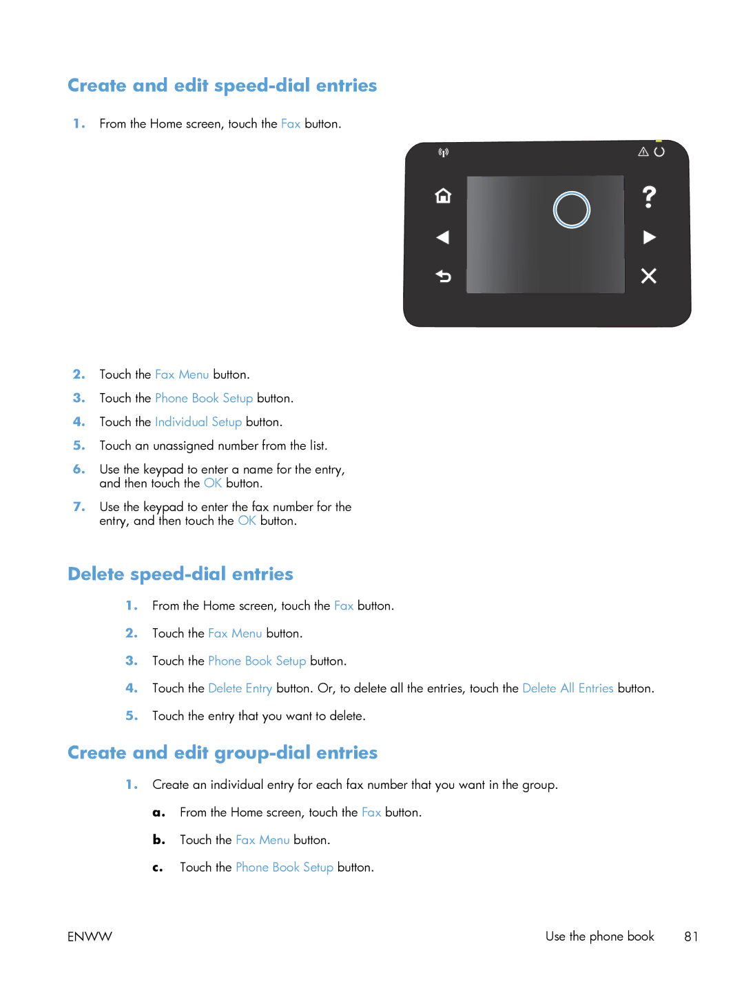 HP 200 color MFP M276nw Create and edit speed-dial entries, Delete speed-dial entries, Create and edit group-dial entries 