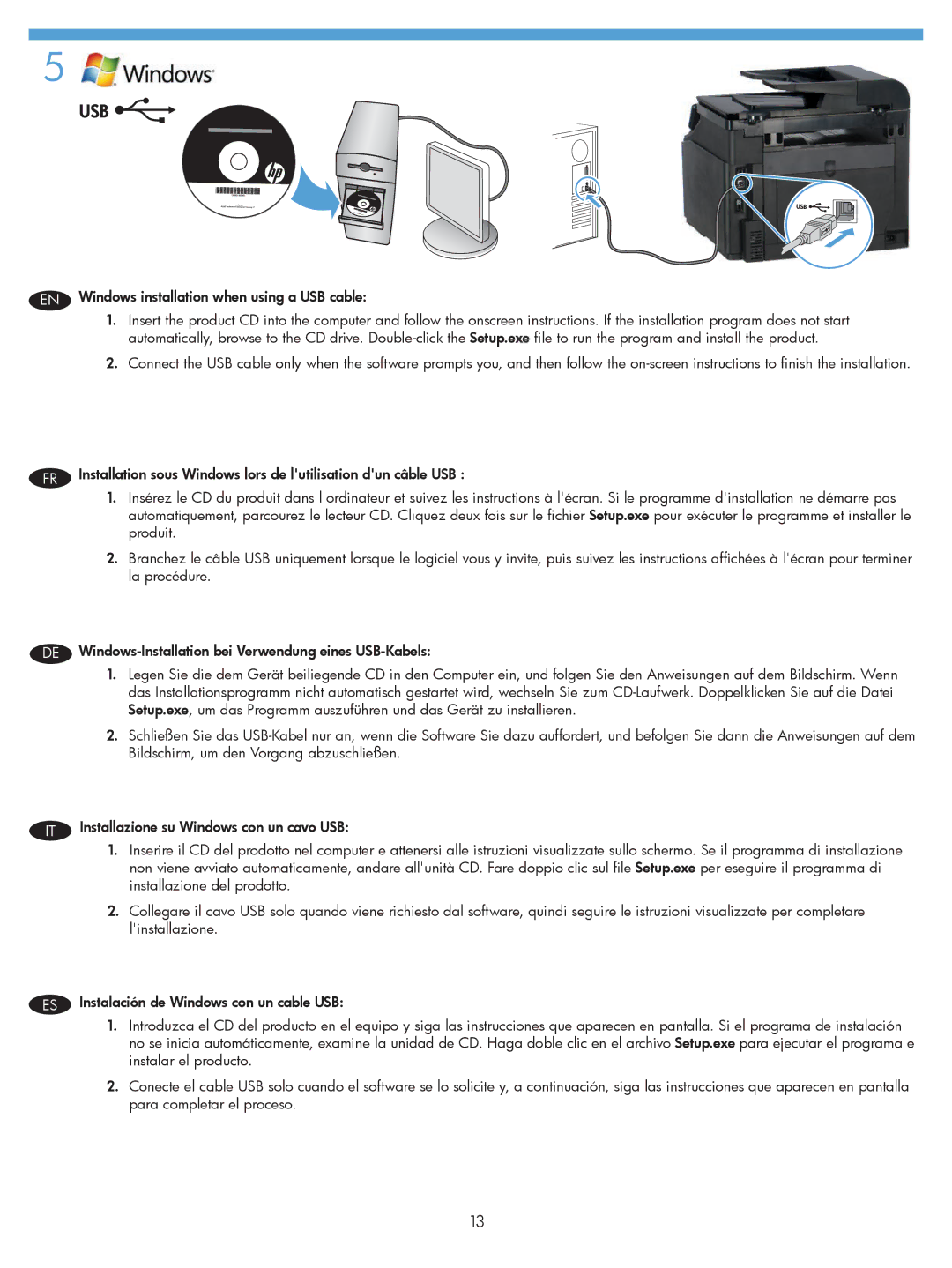 HP 200 color MFP M276nw manual Windows installation when using a USB cable 