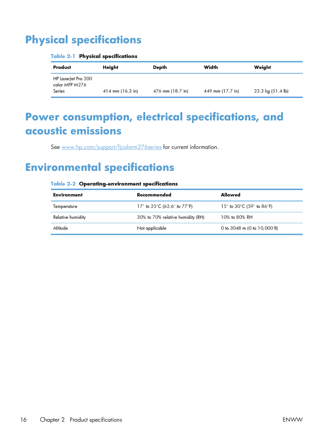 HP 200 color MFP M276nw manual Physical specifications 