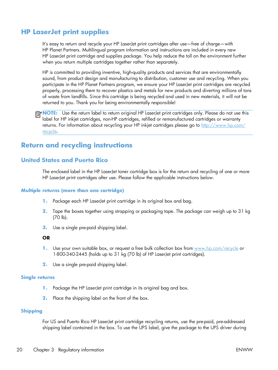 HP 200 color MFP M276nw manual HP LaserJet print supplies, Return and recycling instructions 