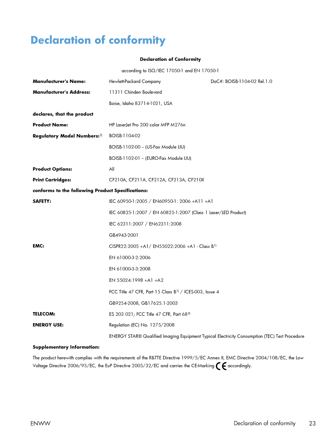 HP 200 color MFP M276nw manual Declaration of conformity, Safety EMC Telecom Energy USE 