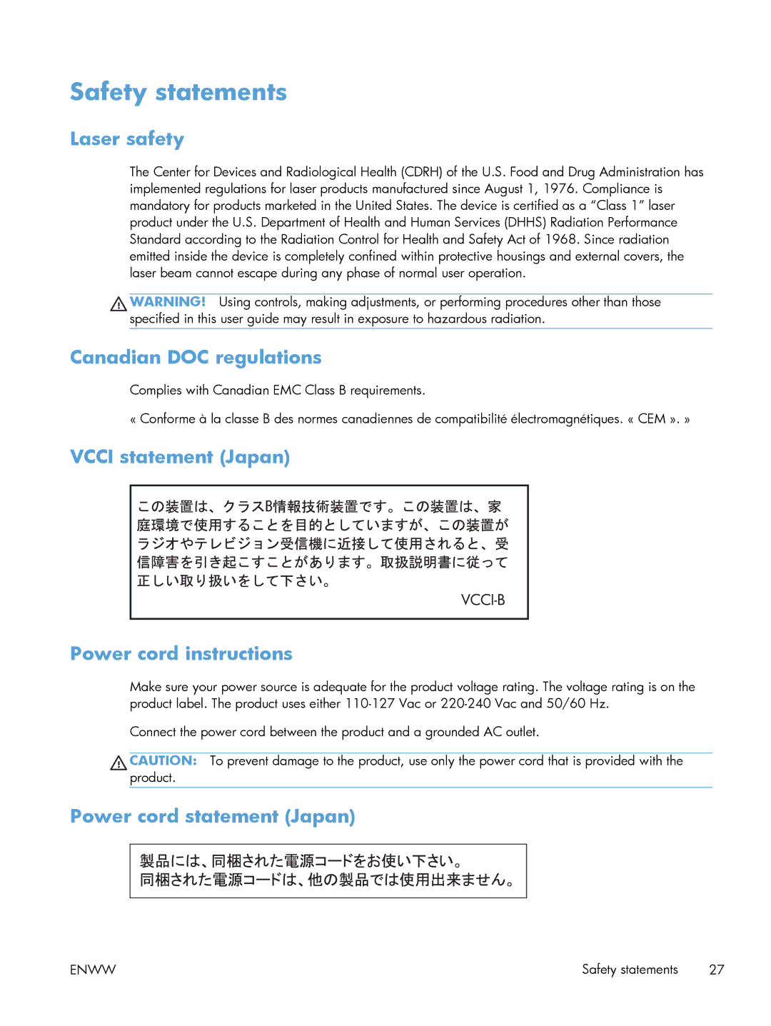 HP 200 color MFP M276nw manual Safety statements, Laser safety, Canadian DOC regulations, Power cord statement Japan 