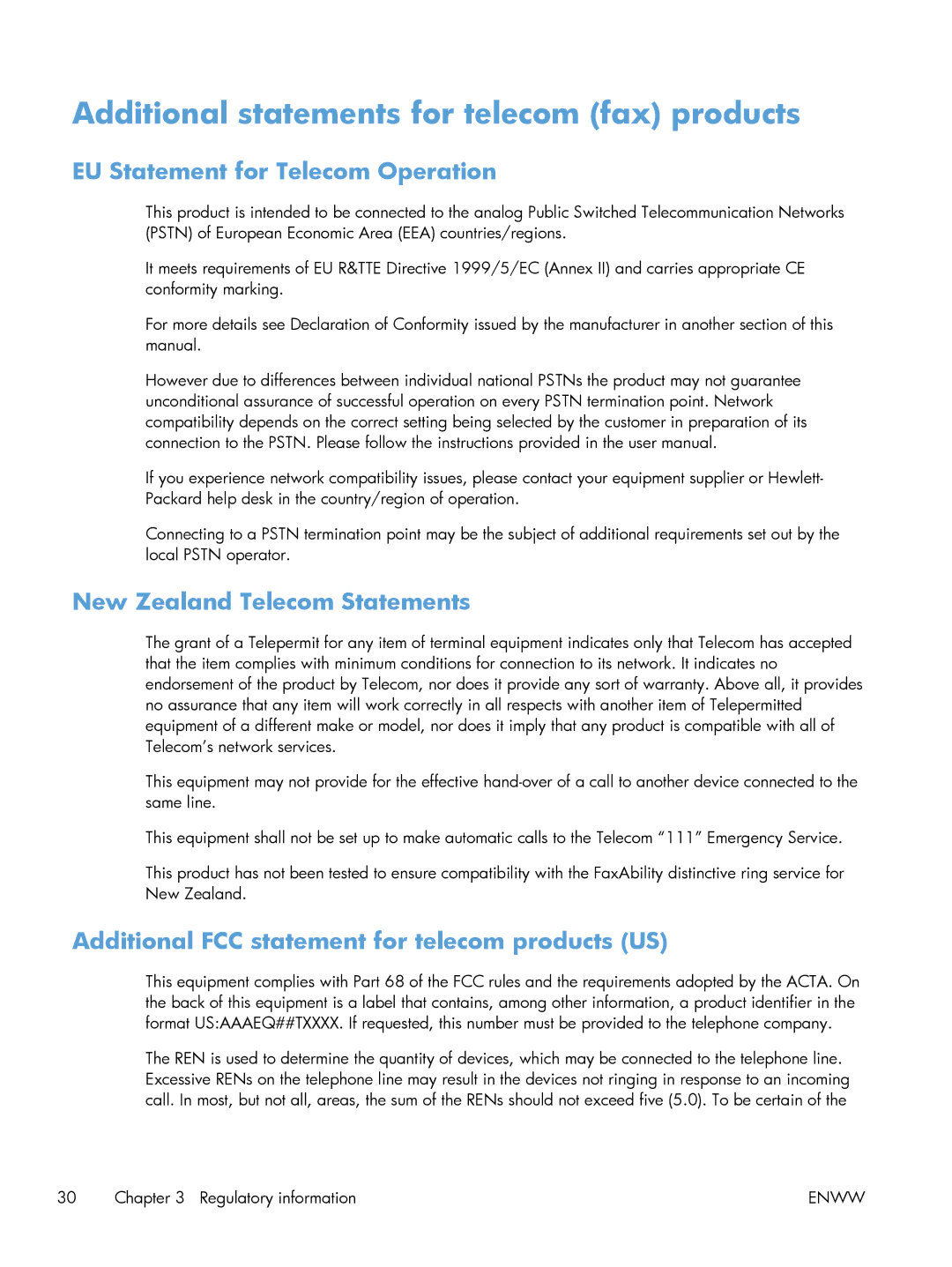 HP 200 color MFP M276nw manual Additional statements for telecom fax products, EU Statement for Telecom Operation 